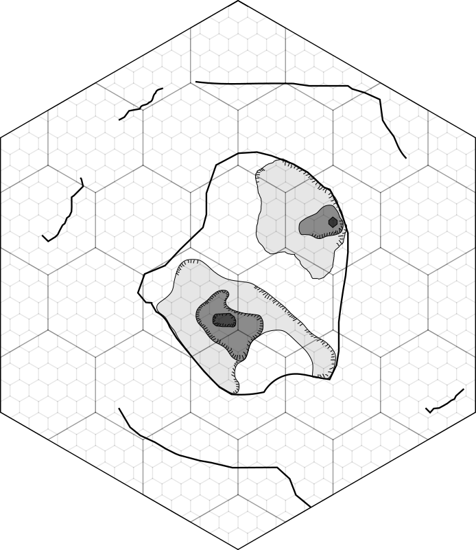 hexmap of the tridentfish island geography mangled to fix the island shape