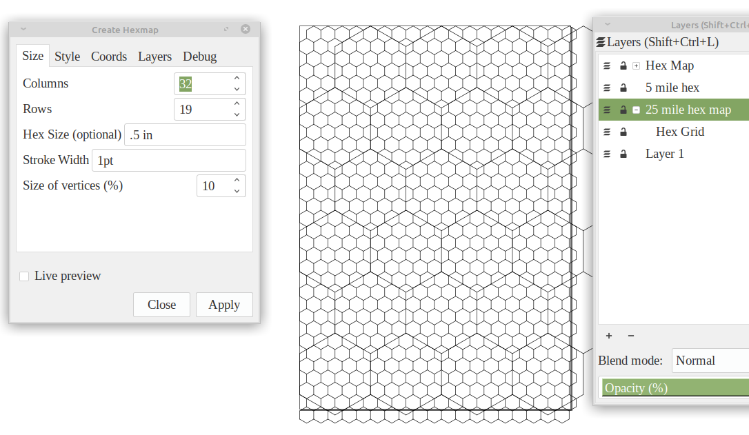screen capture of hexmap inkscape extension and a page of with smaller hexes