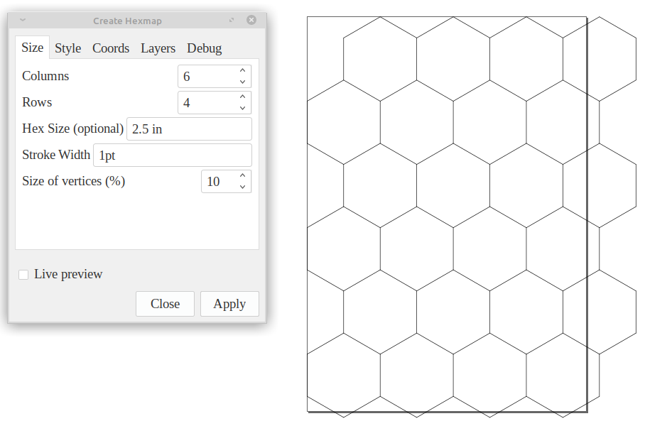 screen capture of hexmap inkscape extension and a page of hexes