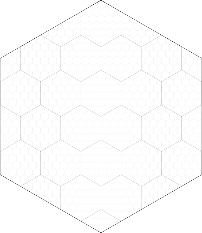screen capture of hexmap with 1 large hex, many smaller hexes inside that, and even smaller hexes inside those